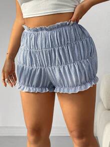 CovetEZ 大码女式格子荷叶边宽松短裤 - 藍白色 - 查看 1