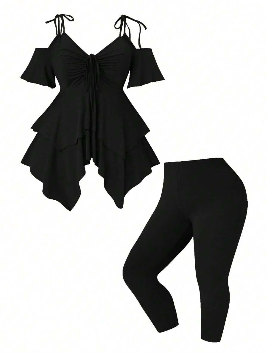 SHEIN Clasi 大码露肩不对称下摆背心和紧身裤两件套，春夏 - 黑色 - 查看 1