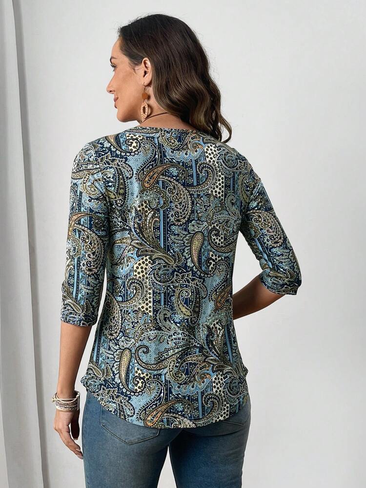 Women's Round Neck Mid-Length Sleeve Allover Print T-Shirt, Casual Everyday Wear