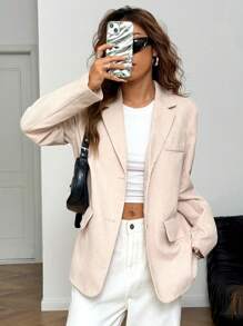 SHEIN EZwear 秋季新款女式杏色灯芯绒西装外套 - 杏色 - 查看 2