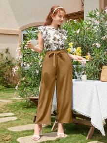 2pcs Blue Floral Print Pants Set For Teenage Girls - Khaki - View 5