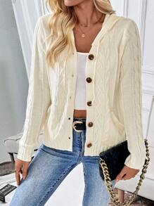 Chiquease 女式长袖连帽抽绳纽扣纹理设计时尚开衫 - 米色 - 查看 5