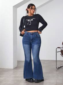 SHEIN EZwear Plus Size Women's Pockets Design Flare Casual Versatile Jeans - Blue - View 4