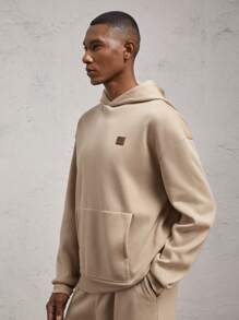 AKNOTIC Business Casual 2 件男士宽松落肩长袖连帽衫和裤子套装，卡其色字母补丁休闲装，适合秋冬 - 卡其色 - 查看 4