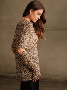 Anewsta Women's Korean Style Niche Embellished Leopard Print Blouse T-Shirt With Puff Sleeves