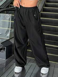 CovetEZ Pantalon décontracté de grande taille, couleur unie, taille avec cordon de serrage - Noir - Voir 3