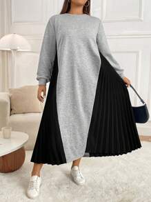 Mulvari 大码女式圆领长袖撞色拼接褶皱下摆休闲运动衫连衣裙，秋冬 - 彩色 - 查看 1