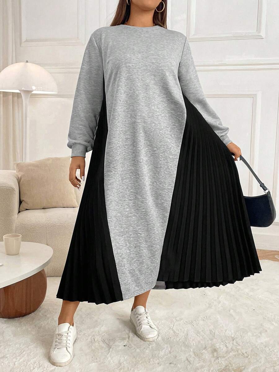 Mulvari 大码女式圆领长袖撞色拼接褶皱下摆休闲运动衫连衣裙，秋冬 - 彩色 - 查看 1