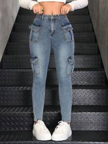 SHEIN Teen Girl's Casual Stretch Jeans, Blue Washed Jeans - Medium Wash - View 2