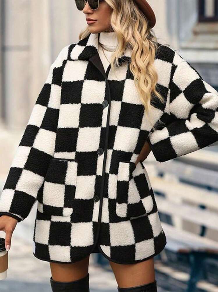 INAWLY Women Casual Checkerboard Fleece Jacket, Autumn/Winter