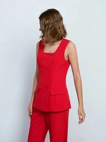 Maija 无袖双排扣时尚都市红色春夏女士套装，简约经典百搭时尚