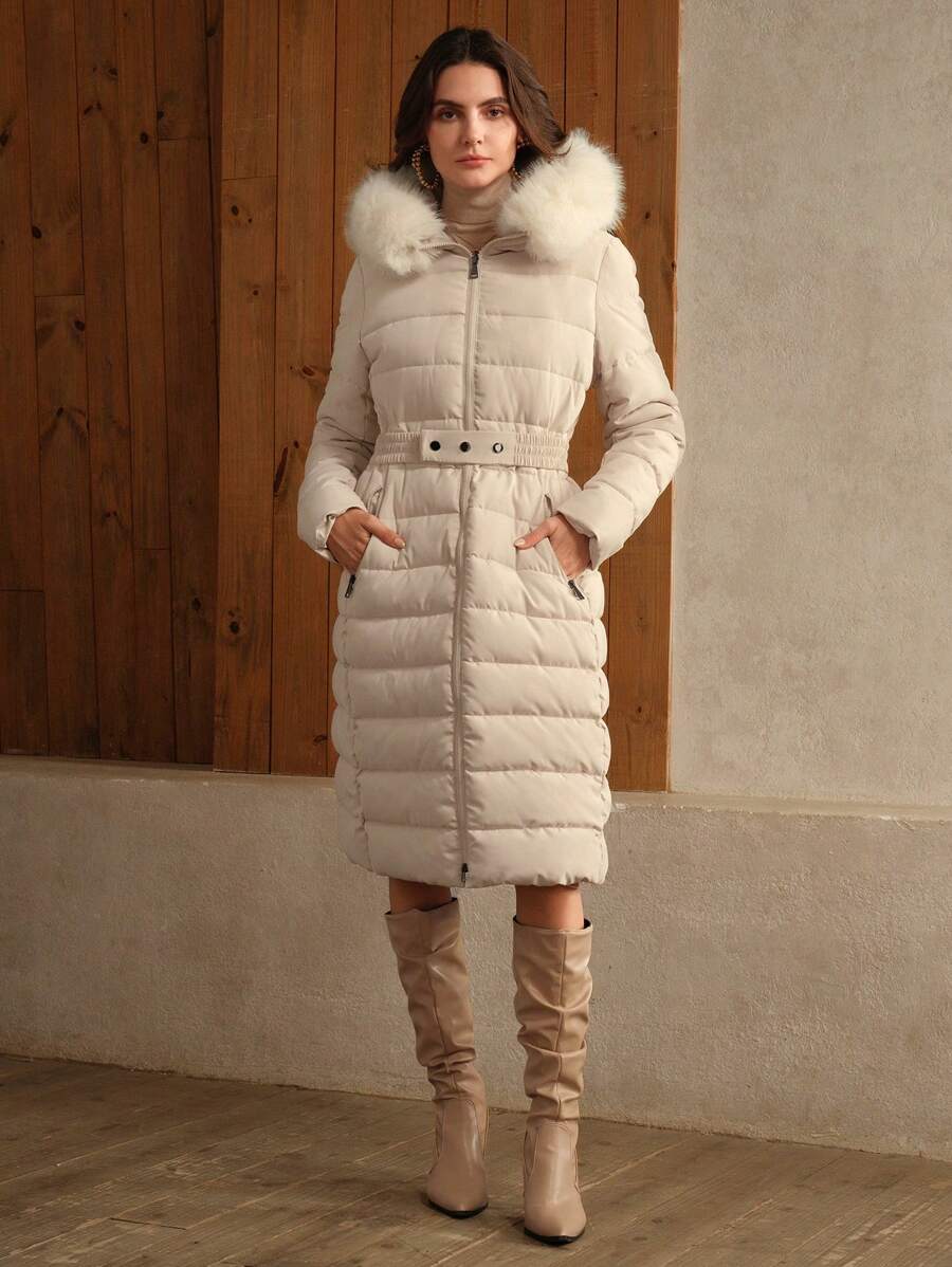 Anewsta Women's Mid-Length Detachable Hood Faux Fox Fur Elegant Belted Padded Coat - Beige - View 1