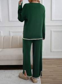 GAOVOT Women's Sweater Two Pieces Simple Loose Casual Color Contrast Round Neck Long Sleeve Sweater And Loose Wide Leg Straight Pant Suit - Green - View 2