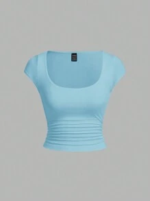 SHEIN Essnce 2pcs V-Neck Tight-Fitting Casual Ruched Waist Short Sleeve T-Shirts For Women