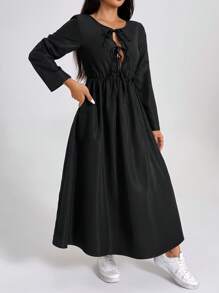 SHEIN PETITE Women's Black Long Sleeve Basic Fashion Dress With Bow Tie At Waist