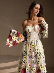 Anewsta 女士优雅露肩喇叭袖碎花连衣裙 - 彩色 - 查看 6