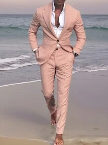 Calvornis Men 1pc Solid Lapel Neck Button Front Blazer & 1pc Suit Pants - Hot Pink - View 1