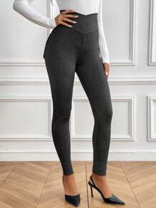 SHEIN Clasi Leggings casuales simples de cintura alta con botón y bolsillo de unicolor para mujer