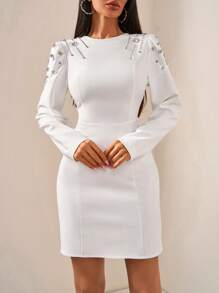 EURMUSE Premium Sprinkled With Sparkling Crystals Embellished Shoulder A-Line Crew Neck Long Sleeve Business To Party Fancy Mini Dress - White - View 5
