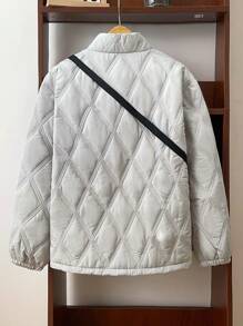 SHEIN 2 件青少年男孩休闲格子图案立领加厚保暖冬季夹克和印花斜挎包套装，适合秋冬季，百搭搭配，简约风格，保暖内衬