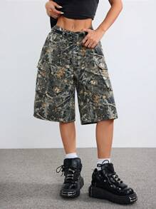 SHEIN EZwear 女士秋冬工装必备牛仔迷彩中长牛仔裤 - 咖啡棕 - 查看 4