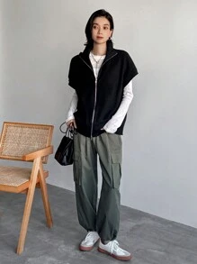 FRIFUL Women's Solid Color Short Sleeve Loose Casual Zip-Up Sweater Vest, Fall/Winter