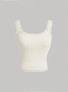 SHEIN MOD Plus Size Lace Trimmed Textured Bow Decor Camisole In Beige, Autumn Layering Camisole