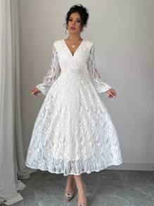 Elenzga 女式长袖 V 领蕾丝腰喇叭裙 - 白色 - 查看 4