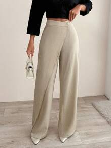 EURMUSE Women's Wrapped Design Straight Long Pants - Beige - View 1