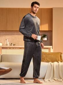 2pcs Men's Embroidery Letter Pattern Crew Neck Long Sleeve Top And Pants Casual Loungewear Set, Fall Winter Clothes, Fluffy Cozy - Dark Grey - View 8