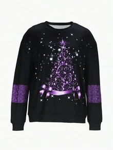Sudadera de cuello redondo de manga larga negra navideña con estampado de árbol de Navidad y Papá Noel - Negro - Ver 5