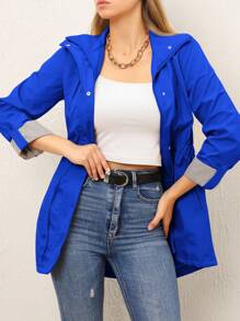 RueChic Roll Tab Sleeve Drawstring Waist Hooded Coat - Blue - View 4