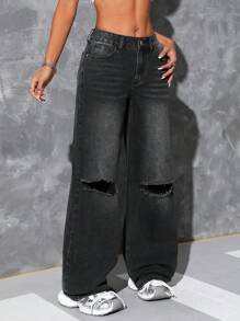 SHEIN ICON 女式口袋破洞阔腿宽松休闲百搭牛仔裤