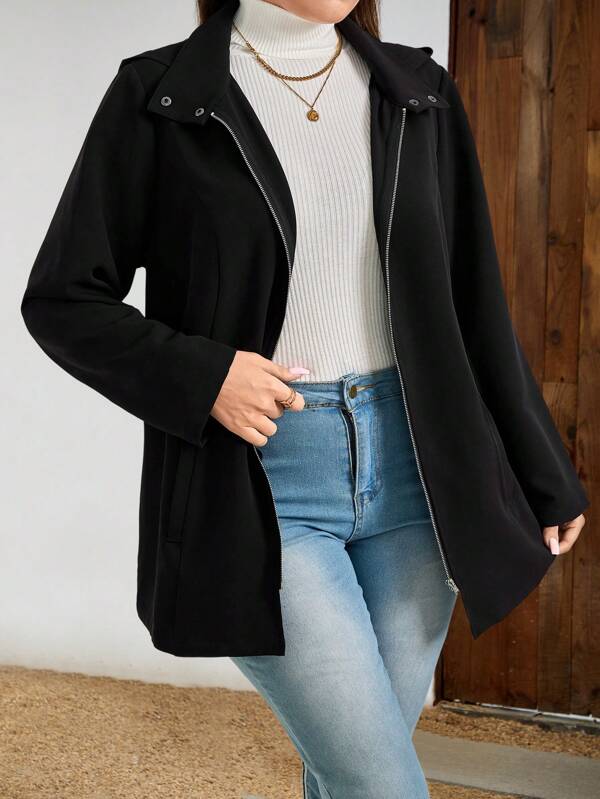 EMERY ROSE Jaqueta Casual de Manga Longa com Zíper na Frente em Cor Sólida Plus Size, Roupas Femininas de Outono