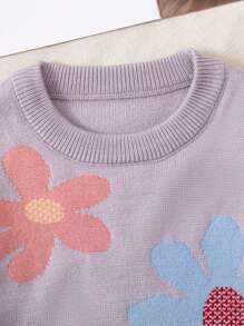 Baby Girls Soft Knitted Casual Floral Printed Sweater, Suitable For Home, Daily Wear, Outing, Party, Autumn & Winter - Dusty Purple - View 4