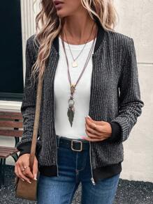 EMERY ROSE Women Casual Ribbed Knit Jacket, Autumn Fall Women Clothes Bomber Jacket - Black - View 1