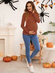 SHEIN Maternity Long Sleeve Stripe T-Shirt, Halloween Themed Fitted Pregnancy Tee