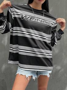 DAZY Women's Crew Neck Long Sleeve Striped & Letter Print Casual Sweatshirt,Fall Clothes - Black - View 9