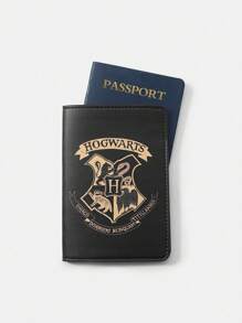 HARRY POTTER X SHEIN 黑色PU皮革图案护照夹，带徽章和字母图案，学院风，礼物，返校季 - 黑色 - 查看 2