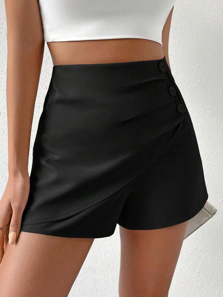 Chiquease High Waist Button Detail Wrap Front Skort - Black - View 4