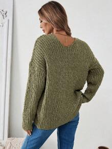 Chiquease Plain V-Neck Long Sleeve Minimalist Pullover Sweater, Casual Everyday Wear, Knit Pullover Fall Winter - Army Green - View 2