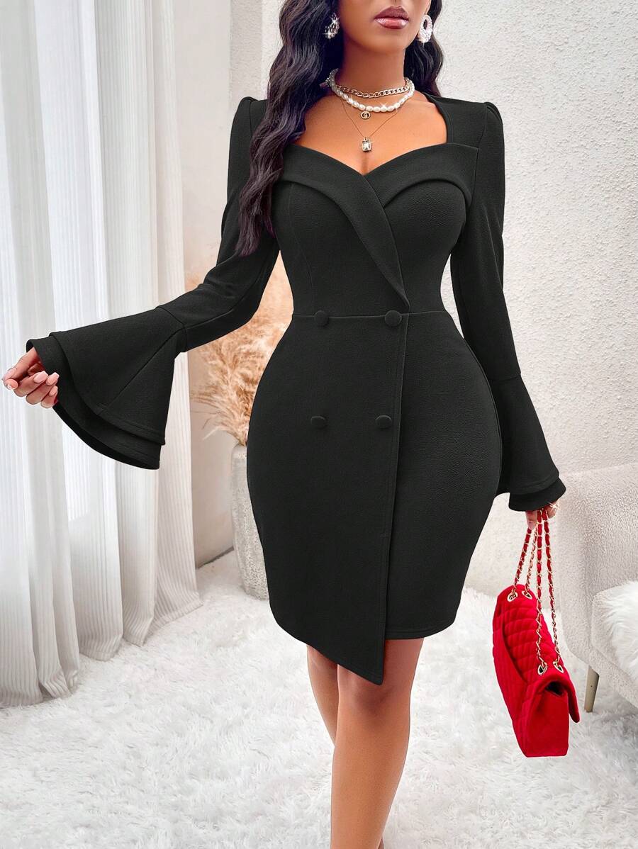 SOLERSUN Đầm suông cổ tim tay loe màu trơn thanh lịch cho nữ, mùa xuân hè - màu đen - Xem 1