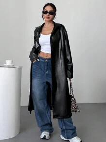 Muchica 女士秋冬落肩长袖休闲宽松黑色 PU 皮革风衣 - 黑色 - 查看 3