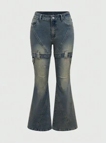 ROMWE Fairycore Jeans de pierna acampanada con diseño de bolsillos utilitarios para mujer - Azul - Ver 1