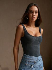 Anewsta Women's Fashionable Elegant Square Neck Knitted Vest, Sand-Washed T-Shirt Bodysuit, Autumn - Dark Grey - View 3