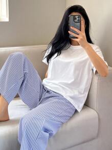 DAZY 简约 T 恤和条纹裤睡衣两件套休闲套装