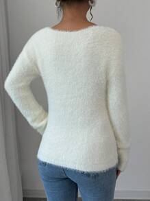 Chiquease Women's Asymmetric Neck Drop Shoulder Long Sleeve Fuzzy Sweater, Autumn & Winter, Knit Pullover Fall - Beige - View 2