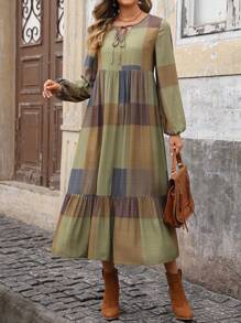 EMERY ROSE 女士前系带长袖格子休闲连衣裙秋季女装 - 彩色 - 查看 1