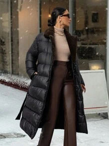 RueChic 优雅系腰带长款夹棉大衣，带毛领，女士冬装