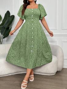 SHEIN Clasi Plus Size Women's Boho Short Sleeve Front Button Square Neck Ditsy Floral Dress Women Outfit, For Summer - Green - View 5